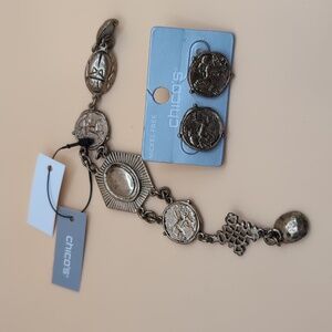 Chico's Unique "Antique Gold" Coin Medallion Earrings & Bracelet Set NWT $60.50